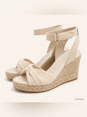 Toms Cream Marisela Espadrille Knot Front Wedge Sandals with Ankle Strap Size 9